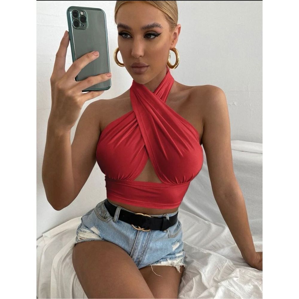 SHEIN BAE Solid Cross Crop Halter Top